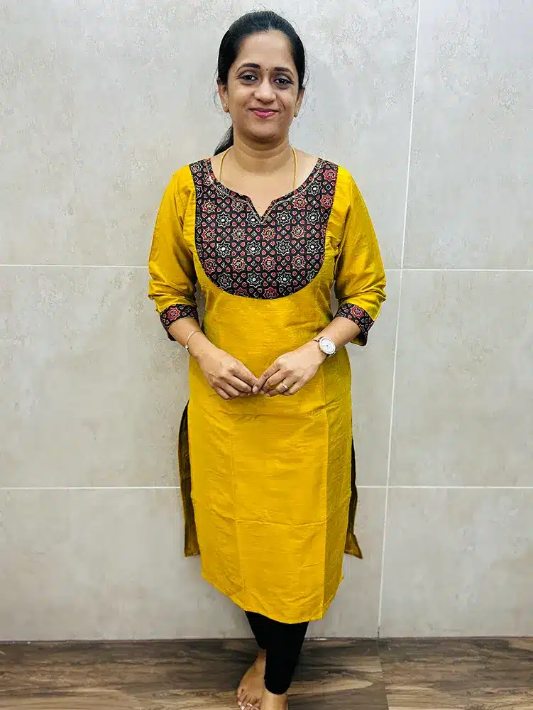 Mustard yellow - Premium silk cotton top (cotton lining) with handworked Ajrakh patchwork on yoke (straight cut)