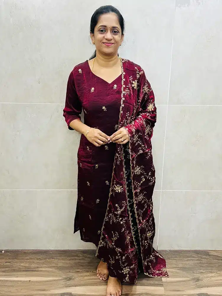 (Maroon)Premium soft Georgette organza top (full crepe lining) with all over embroidered buttas paired with embroidered soft Georgette organza dupatta and silk cotton (straight cut)