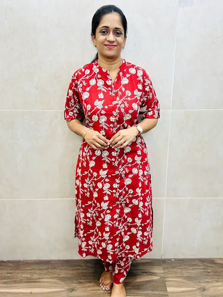 Printed Jaipur cotton top (Aline pattern) with all over fancy buttons paired with Jaipur cotton bottom (semi parallels)