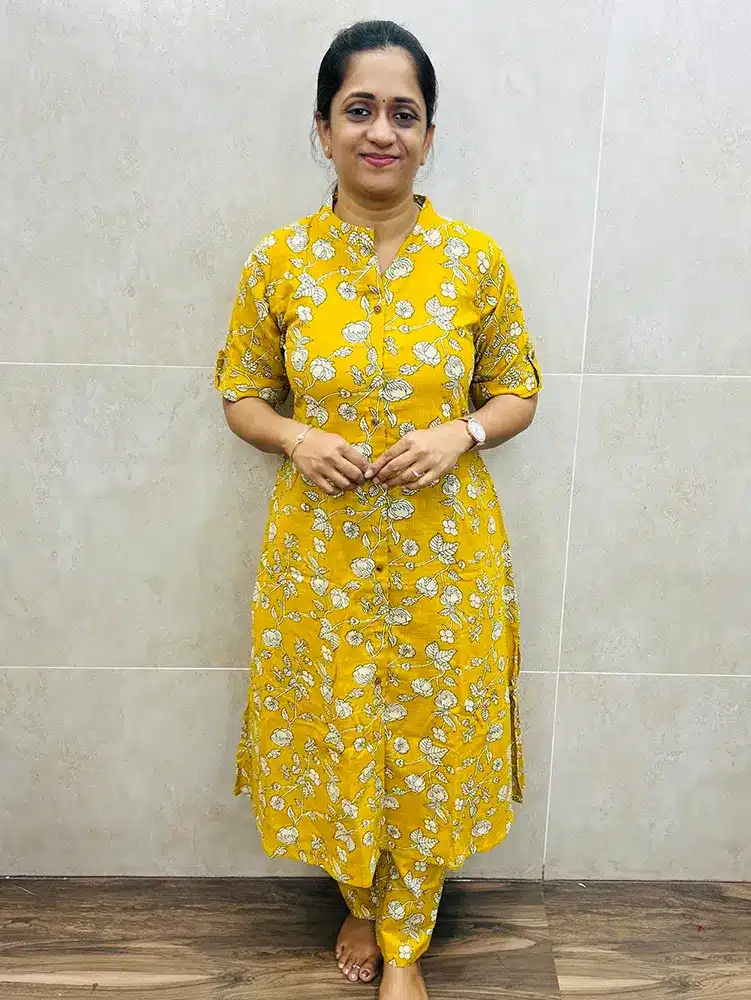 Printed Jaipur cotton top (Aline pattern) with all over fancy buttons paired with Jaipur cotton bottom (semi parallels)