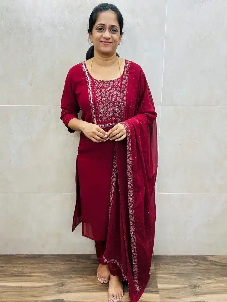 (Red)Georgette top(full crepe lining)with mirror worked yoke paired with Georgette dupatta and silk bottom(straight cut)