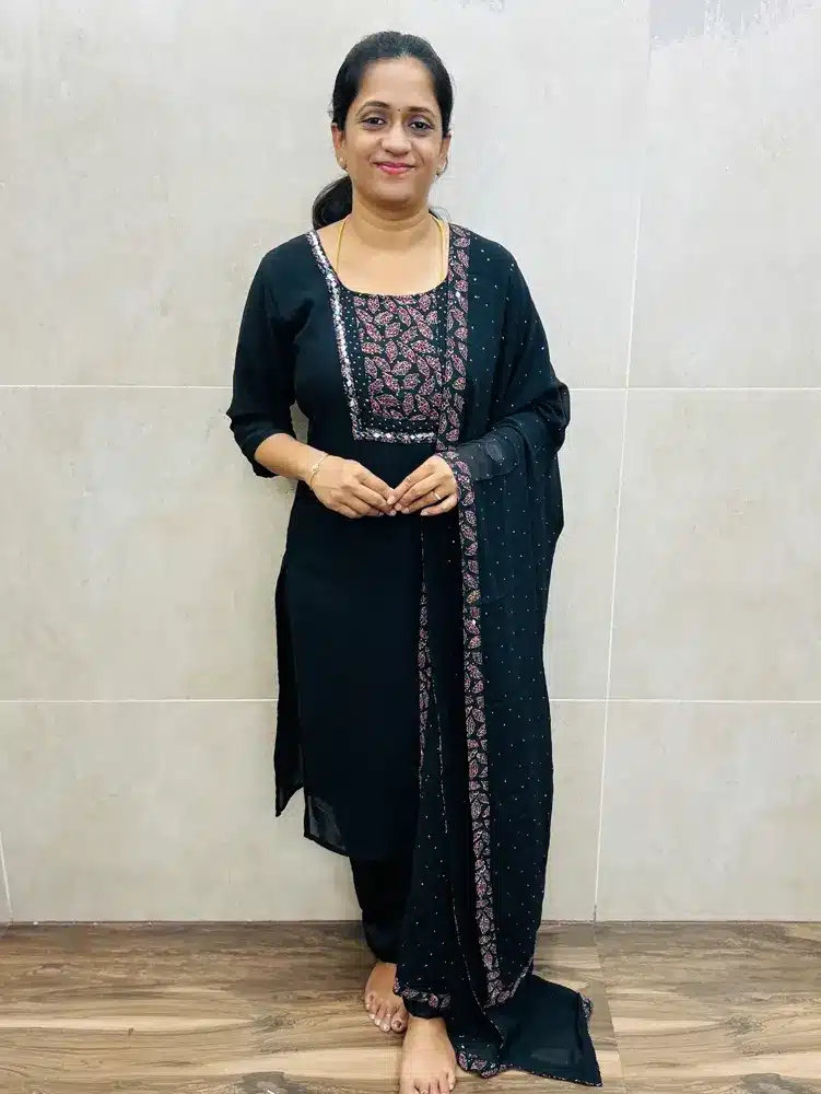 (Black)Georgette top(full crepe lining)with mirror worked yoke paired with Georgette dupatta and silk bottom(straight cut)