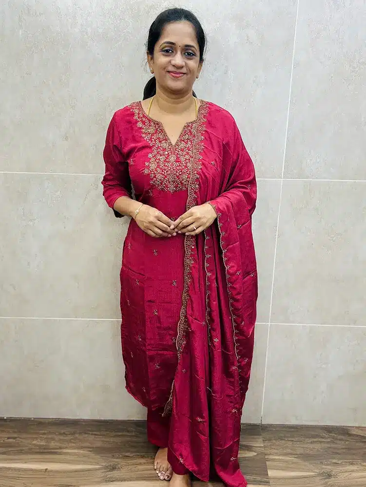 Soft silk top (full crepe lining) with embroidered yoke paired with embroidered soft silk dupatta and silk bottom (straight cut)