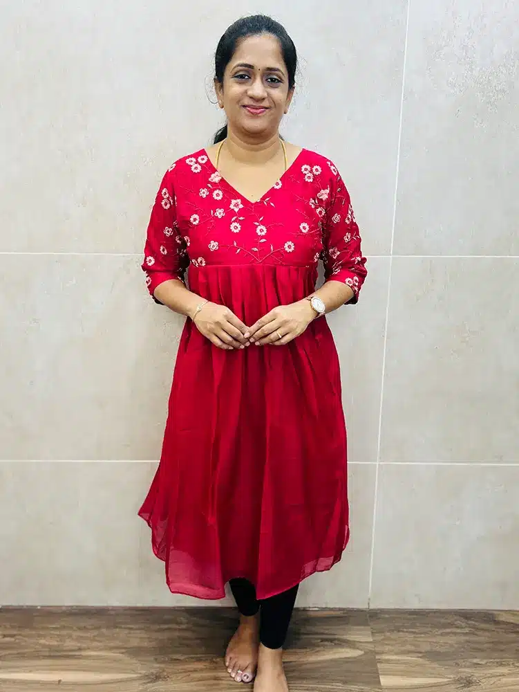 Premium soft silk top (full crepe lining) with exclusive machine embroidered work on yoke and sleeves with pleated pattern (Aline pattern)