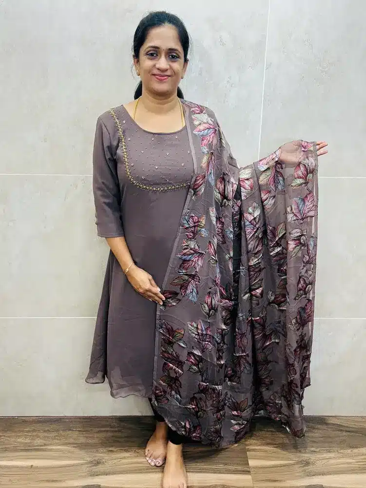 (Pastel brown-1)Georgette top(full crepe lining)with handworked yoke paired with Georgette brasso dupatta