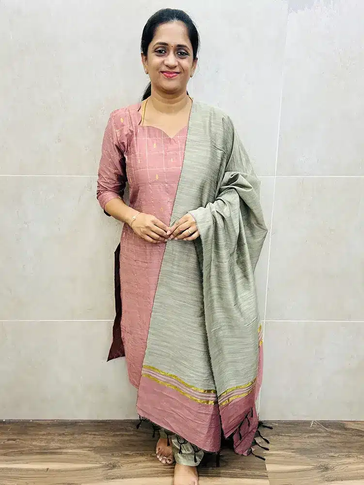 Light baby Pink - Premium semi Raw silk top (cotton lining) with allover zari woven buttas paired with semi raw silk dupatta and silk bottom (free size)
