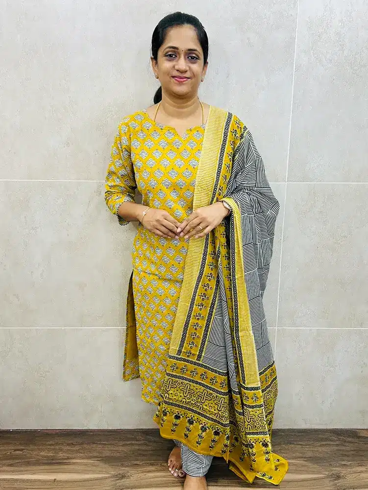Handblock printed Jaipur cotton top (cotton lining) paired with printed cotton dupatta with printed cotton bottom (straight cut)
