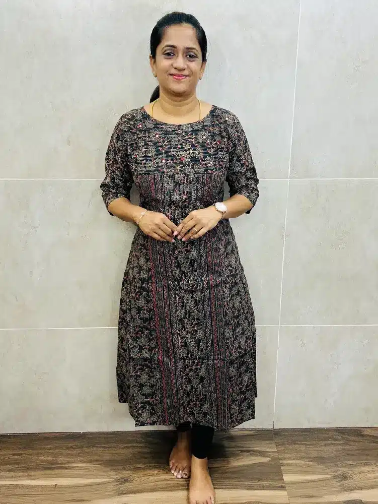 Black - Ajrakh printed Kantha cotton top (cotton lining) with handworked yoke (Aline pattern)