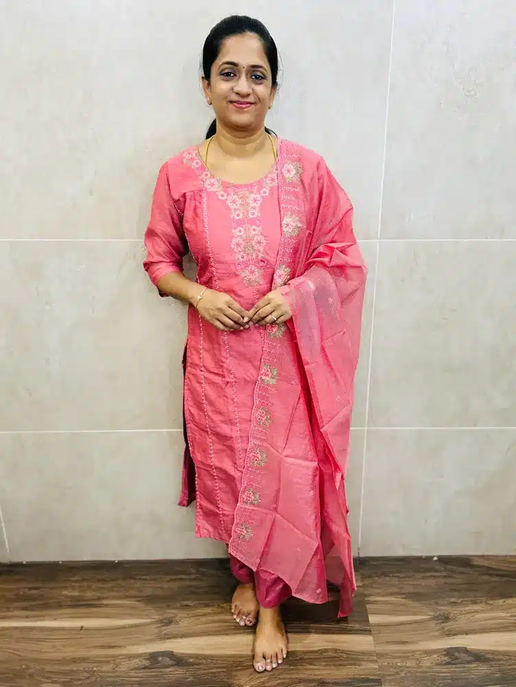 (Light peach)Semi tussar top(crepe lining) with allover exclusive embroidered work paired with embroidered soft kota dupatta and silk bottom(straight cut)
