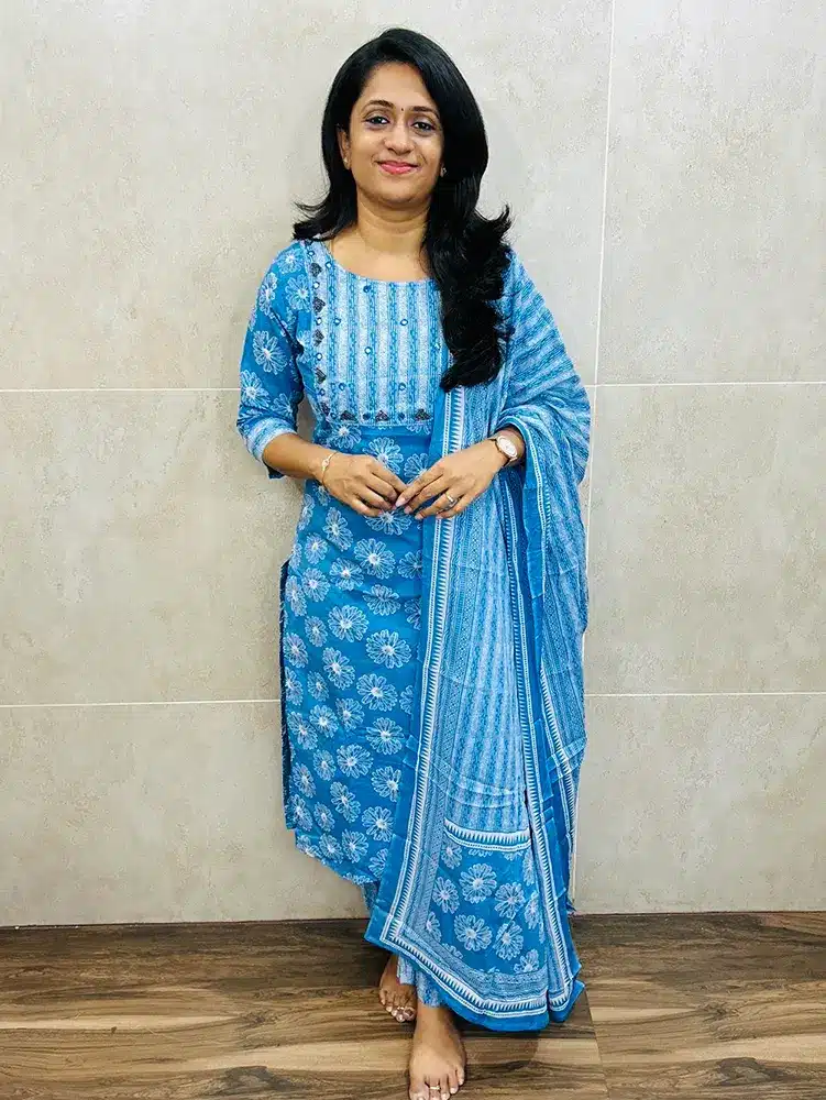 Printed Jaipur cotton top (cotton lining) with beautiful handworked yoke paired with printed cotton dupatta and cotton bottom (straight cut)