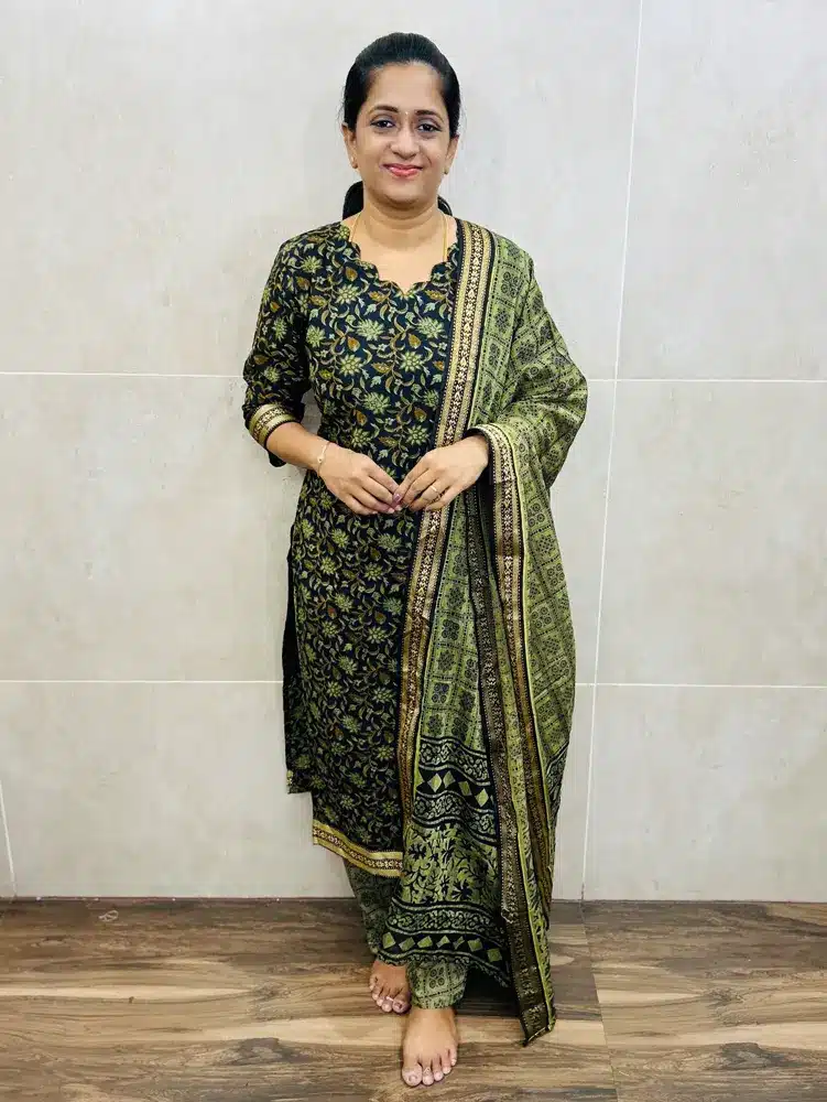 (Dispatch after 1week)Handblock printed Mangalagiri cotton top (cotton lining) paired with printed Mangalagiri cotton dupatta and cotton bottom (straight cut)