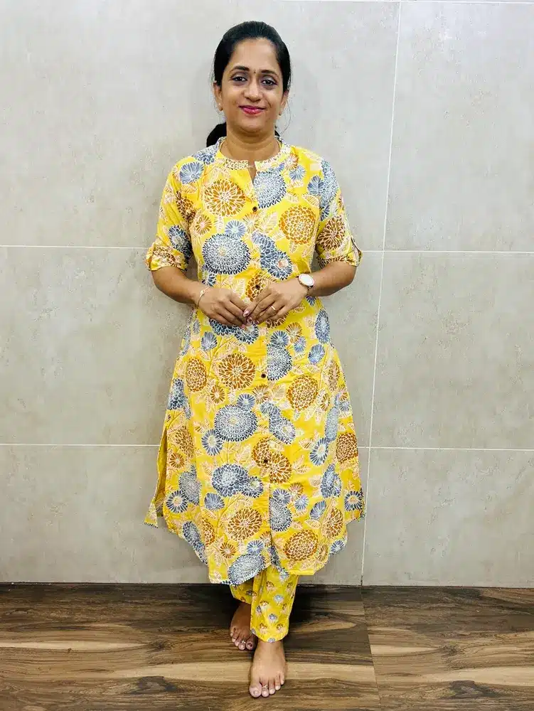 Printed premium cotton top(Aline-cotton lining) paired with all over fancy buttons paired with printed cotton bottom(straight cut)