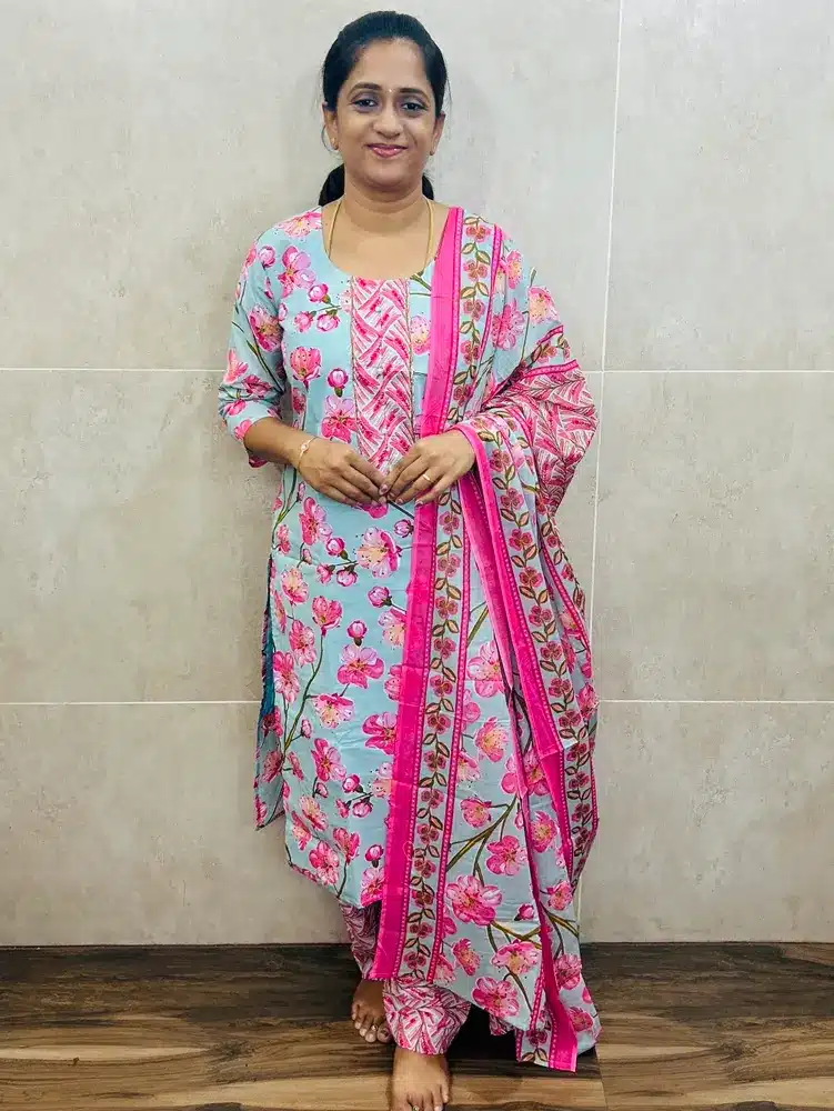 TOP ONLY-(Light sea blue)Printed Jaipur cotton top (cotton lining)