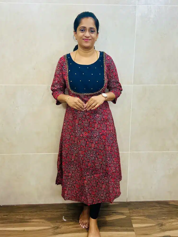 (Maroon-Navy blue)Ajrakh cotton top paired with hand worked silk cotton patchwork on yoke (straight cut)