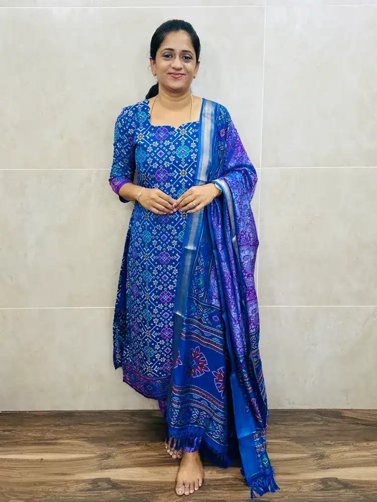 (Royal blue)Soft Patola silk top(cotton lining)paired with Patola silk dupatta and printed silk bottom(free size)