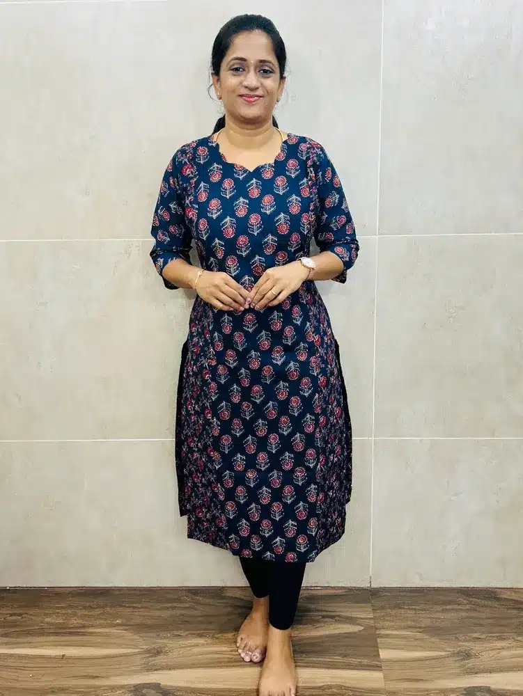 (Blue)Printed jaipur cotton top(cotton lining) with scallop neck (straight cut)