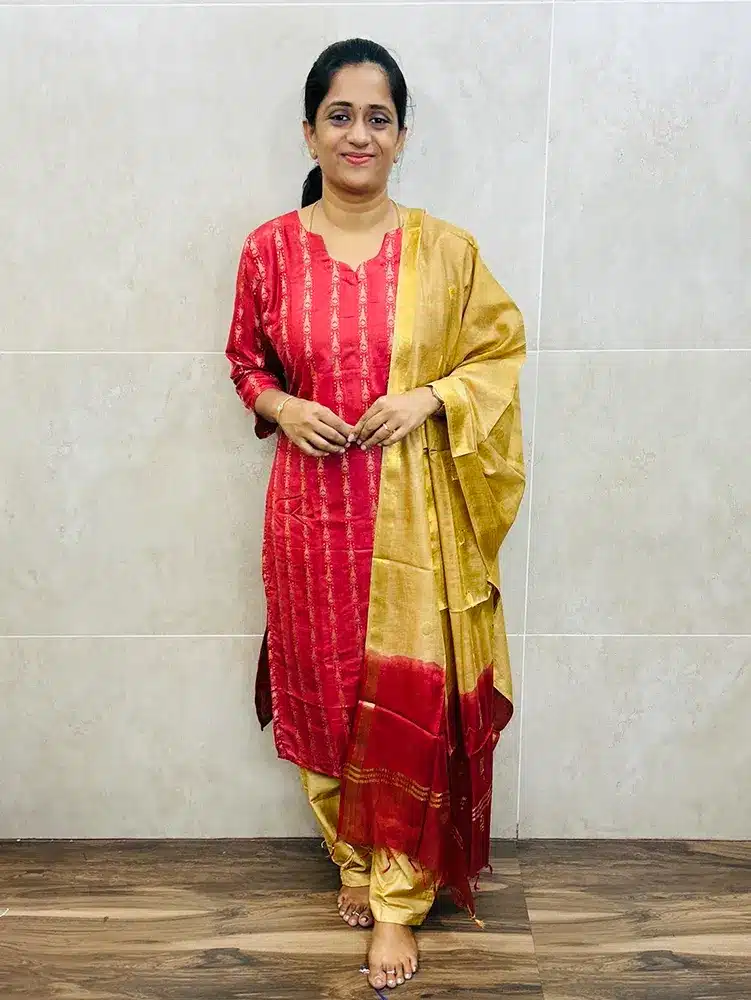 Semi Tussar top (cotton lining) with all over thread weaving paired with zari weaved semi Tussar dupatta and Santoon bottom (free size)