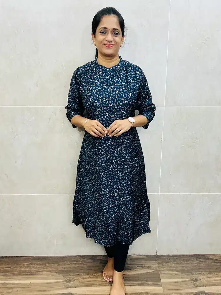 Printed cotton rayon top with allover fancy buttons (Aline pattern)