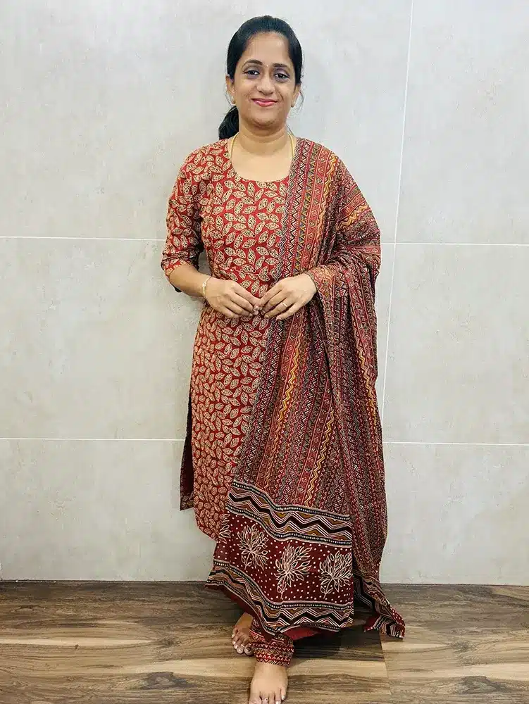 (Top and Pant only) Printed Ajrakh cotton top (cotton lining) paired cotton bottom (straight cut)