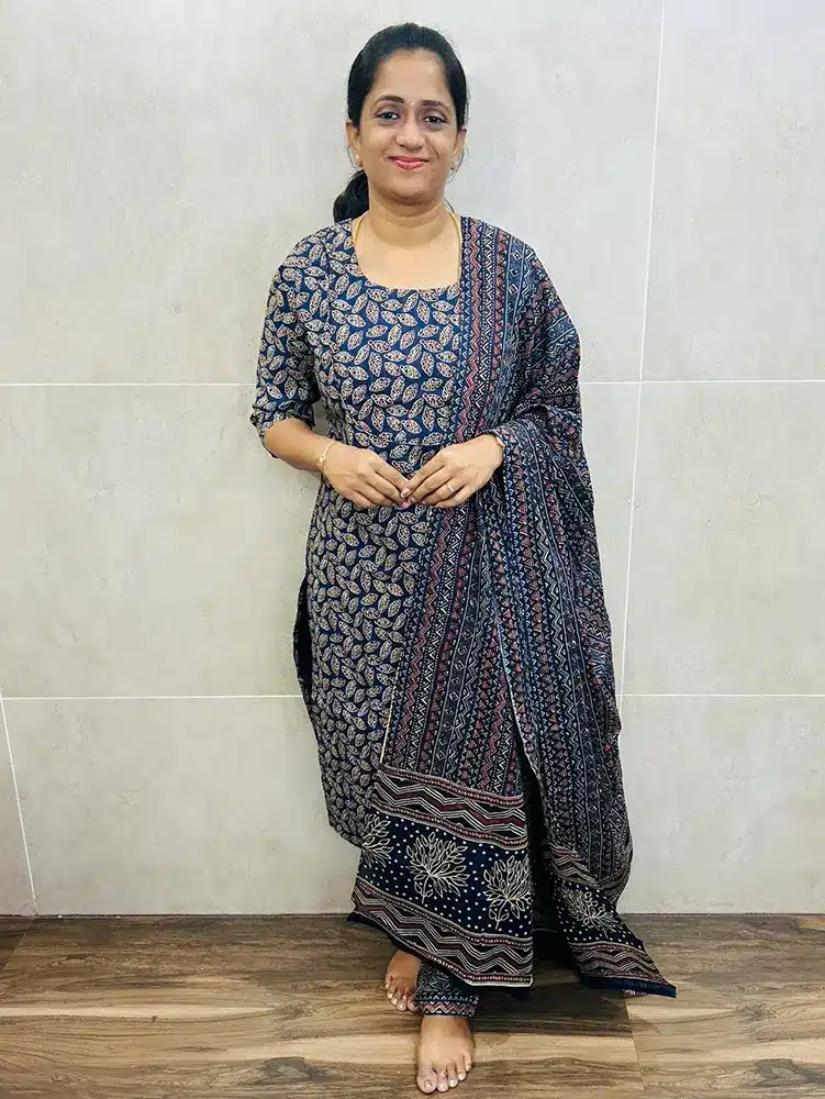 Blue - Printed Ajrakh cotton top (cotton lining) paired with printed ajrakh cotton dupatta and cotton bottom (straight cut)