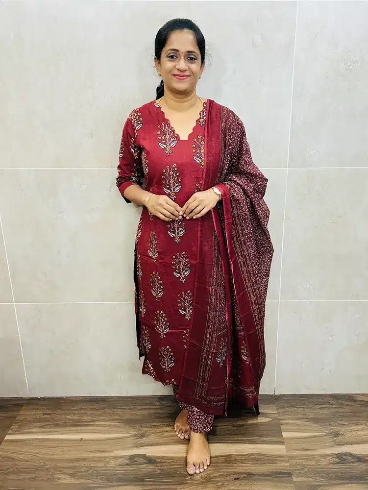 Handblock printed Ajrakh cotton top (cotton lining) paired with printed cotton dupatta and cotton bottom (straight cut)