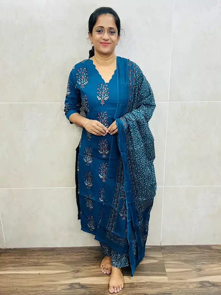 Handblock printed Ajrakh cotton top (cotton lining) paired with printed cotton dupatta and cotton bottom (straight cut)