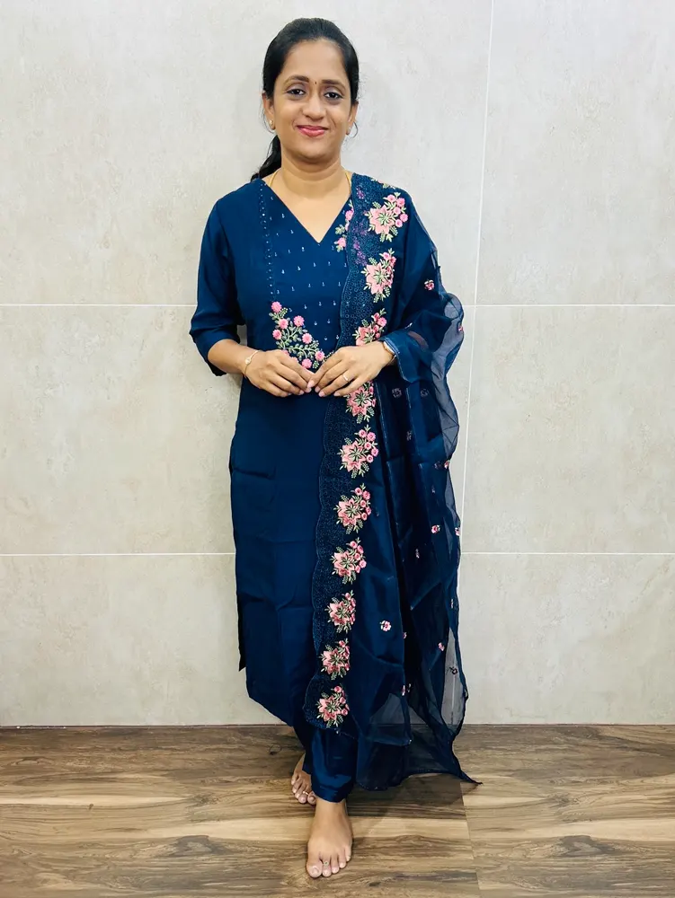 Muslin silk top(crepe lining) with embroidered yoke paired with designer organza dupatta and silk bottom