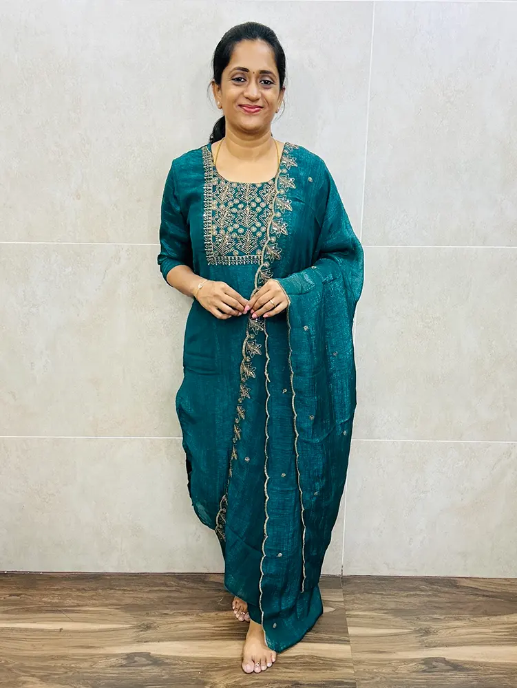 Soft tissue silk top (full crepe lining) with embroidered yoke paired with soft tissue dupatta and silk bottom (free size)