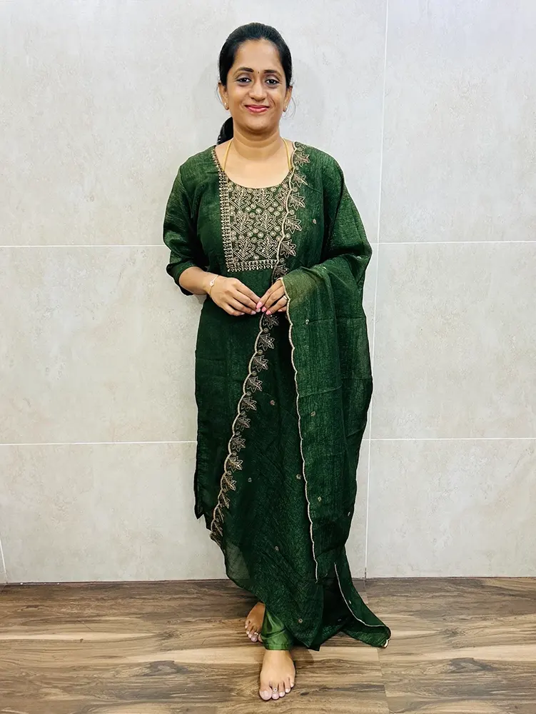 Soft tissue silk top (full crepe lining) with embroidered yoke paired with soft tissue dupatta and silk bottom (free size)