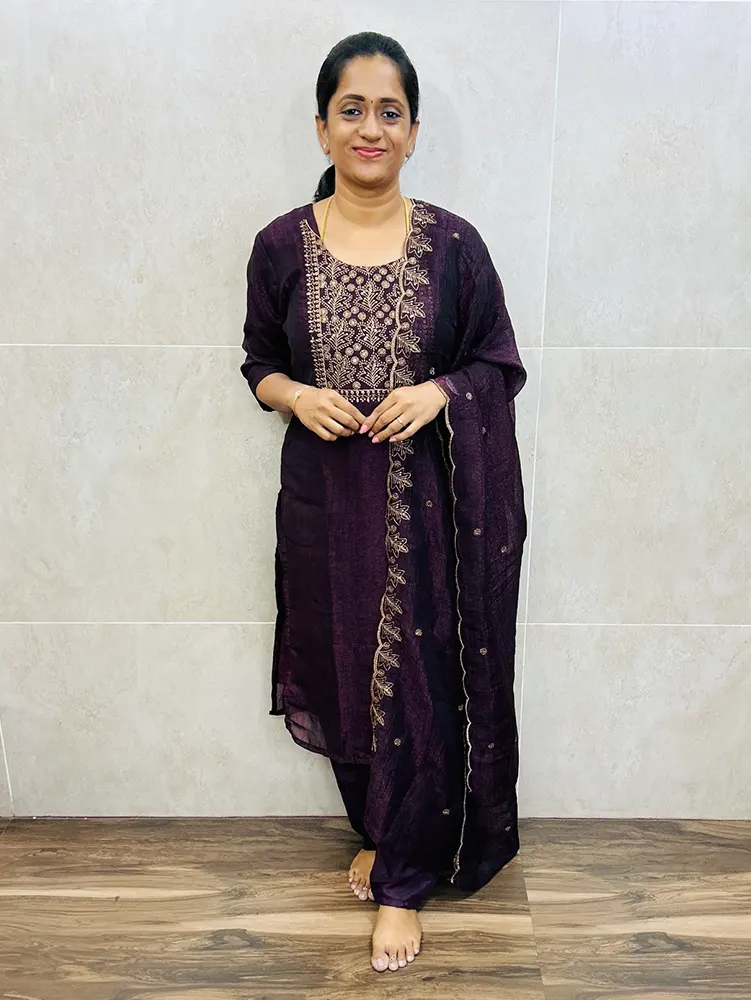 Maroonish purple - Soft tissue silk top (full crepe lining) with embroidered yoke paired with soft tissue dupatta and silk bottom (free size)