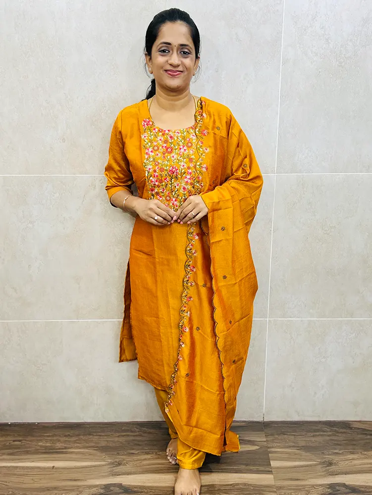 Soft silk top (full cotton lining) with beautiful embroidered yoke paired with embroidered soft silk dupatta and silk bottom (free size)