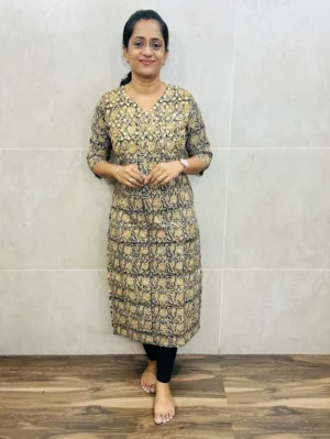 Pure Kalamkari cotton top (cotton lining) with exclusive handworked yoke (straight cut)
