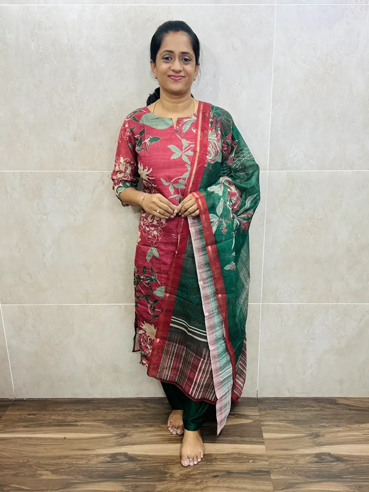 Printed semi tussar top(cotton lining) paired with semi tussar dupatta and silk bottom(free size)