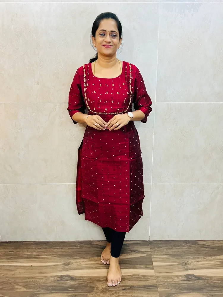 (Red)Semi raw silk top(cotton lining) with allover thread weaving buttas and handworked yoke(straight cut)