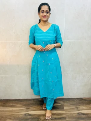 (TOP ONLY)Sea Blue - Pure handloom cotton top with allover thread weavings (panel cut Anarkali)