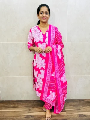 Printed Jaipur cotton top (cotton lining) paired with printed cotton dupatta and cotton bottom (straight cut)
