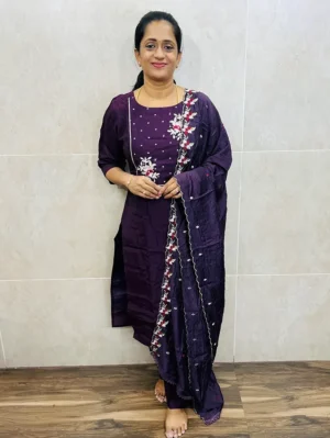 Muslin silk top (crepe lining) paired with muslin silk dupatta and silk bottom (straight cut)