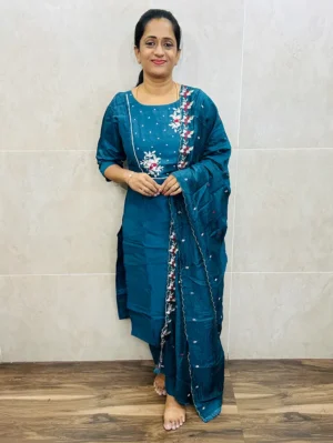 Muslin silk top (crepe lining) paired with muslin silk dupatta and silk bottom (straight cut)