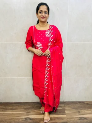 Muslin silk top (crepe lining) paired with muslin silk dupatta and silk bottom (straight cut)