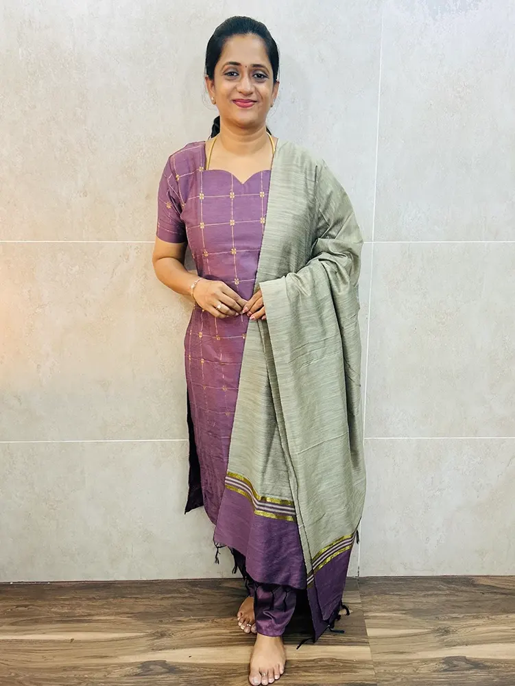 Premium semi raw silk top (cotton lining) with allover zari weavings paired with zari woven semi raw silk dupatta and semi raw silk bottom (free size)