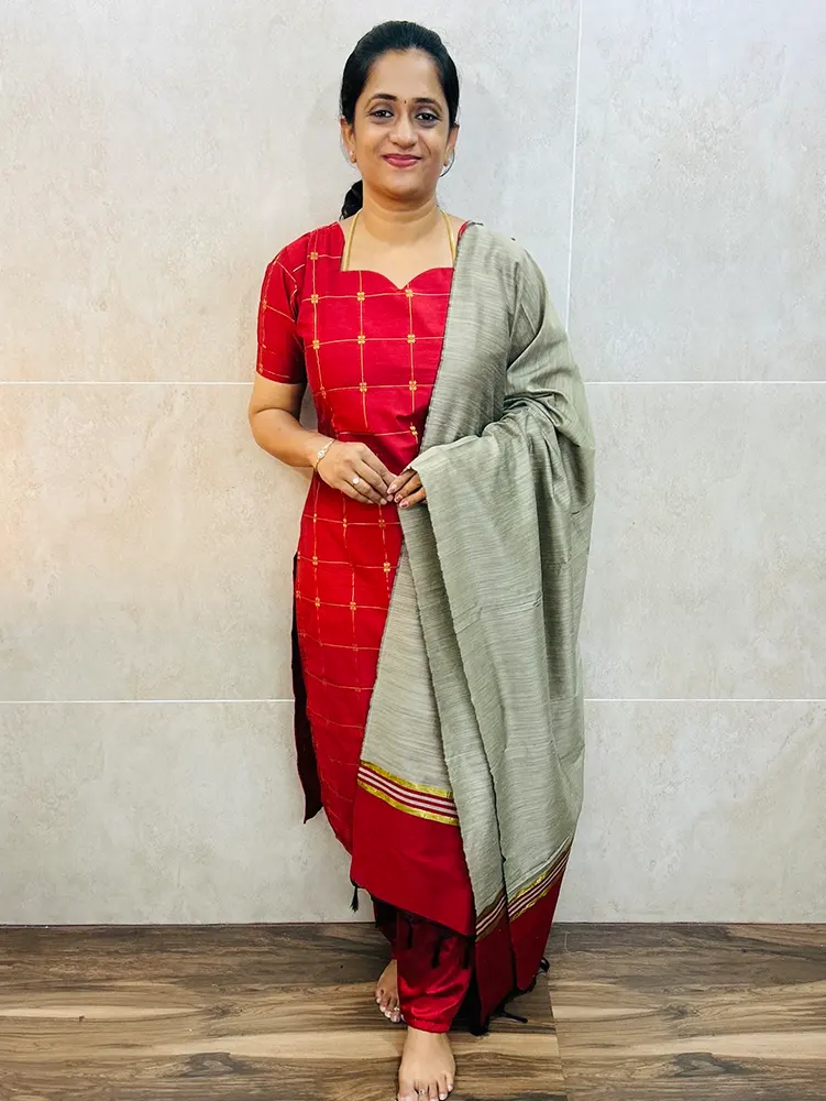 Premium semi raw silk top (cotton lining) with allover zari weavings paired with zari woven semi raw silk dupatta and semi raw silk bottom (free size)