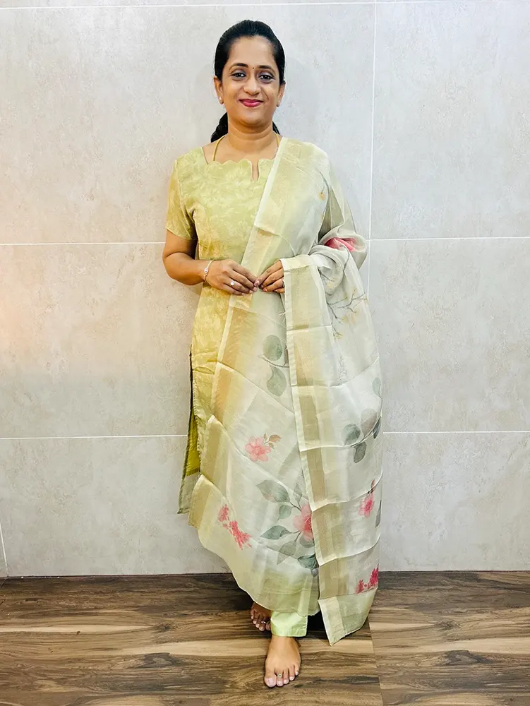 Premium soft tissue silk top (cotton lining) with all over digital prints paired with printed soft tissue silk dupatta and silk bottom (straight cut)