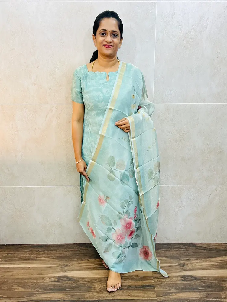 Premium soft tissue silk top (cotton lining) with all over digital prints paired with printed soft tissue silk dupatta and silk bottom (straight cut)