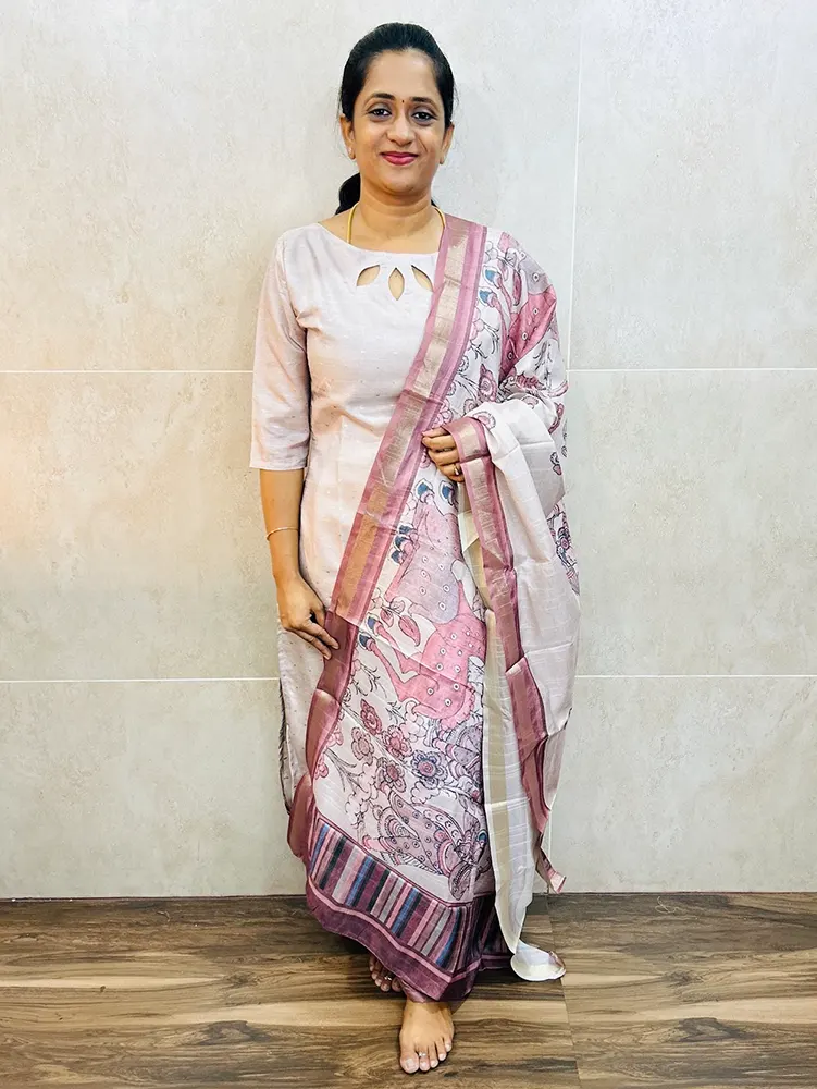 Premium semi Tussar top (cotton lining) with allover zari weavings paired with semi Tussar dupatta and silk bottom (free size)