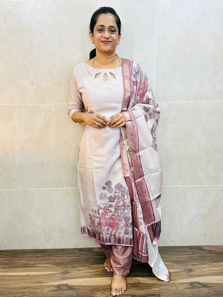 Premium semi Tussar top (cotton lining) with allover zari weavings paired with semi Tussar dupatta and silk bottom (free size) - Image 2