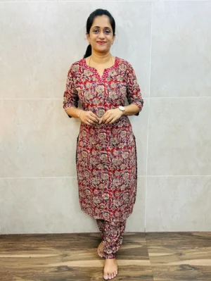 TOP ONLY-Pattern 2 - Original Kalamkari cotton top (cotton lining) with handwork on yoke(straight cut)