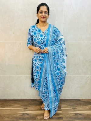 Block Printed soft mul cotton top (cotton lining) paired with printed cotton dupatta and cotton bottom (straight cut)