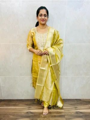 (Dispatch within 10working days)Premium Benaras soft tissue silk top(cotton lining)with embroidered yoke paired with soft tissue silk dupatta and silk bottom