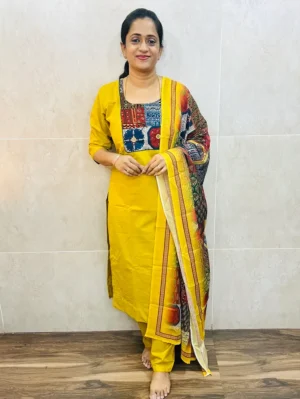 Premium cotton top (cotton lining) with Ajrakh patchwork on yoke paired with printed soft silk dupatta and cotton bottom (free size)