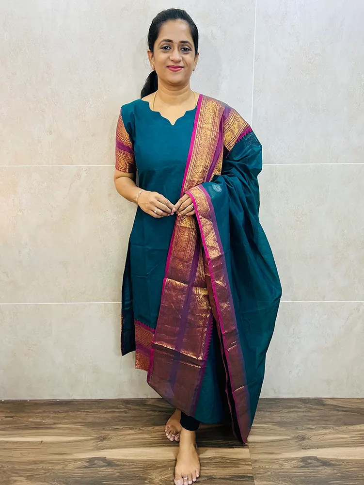 TOP ONLY-Kanchi cotton top (cotton lining)with zari weaving borders(straight cut)